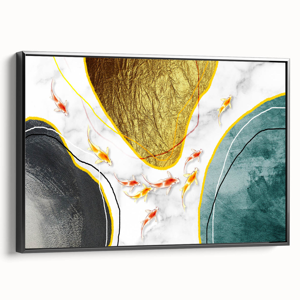Framed canvas wall art displaying a modern abstract design with vibrant strokes and lines in black and white, perfect for contemporary home decor.