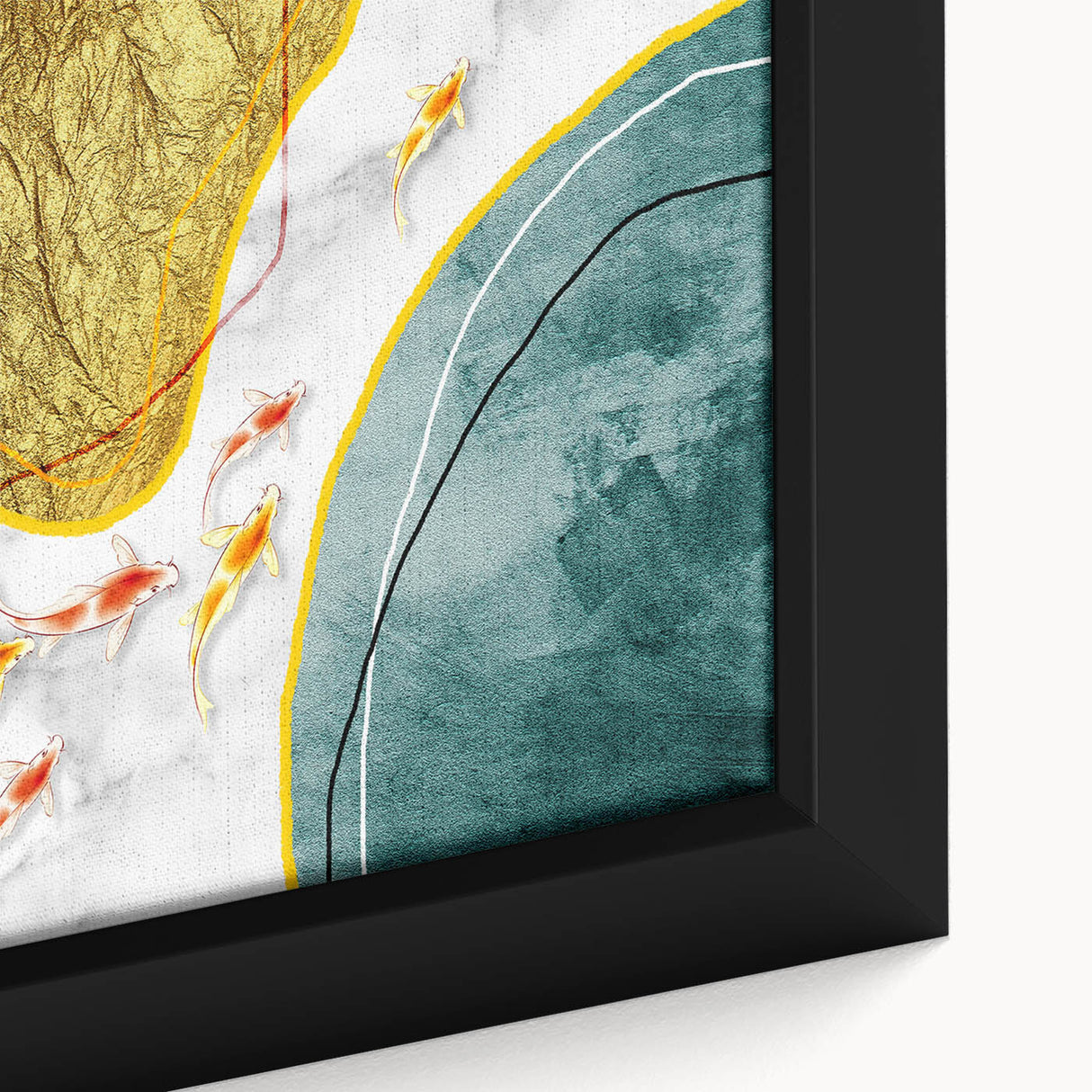 Close-up of a framed canvas wall art piece showcasing an abstract design with colorful strokes and lines, perfect for modern decor in living spaces or offices.