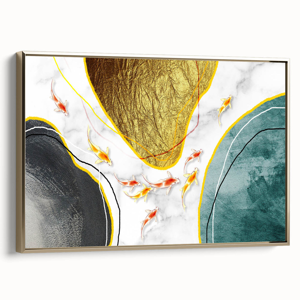 Framed canvas artwork showcasing an abstract design of strokes and lines in gold tones, perfect for modern home decor. Side view highlights elegant framing.
