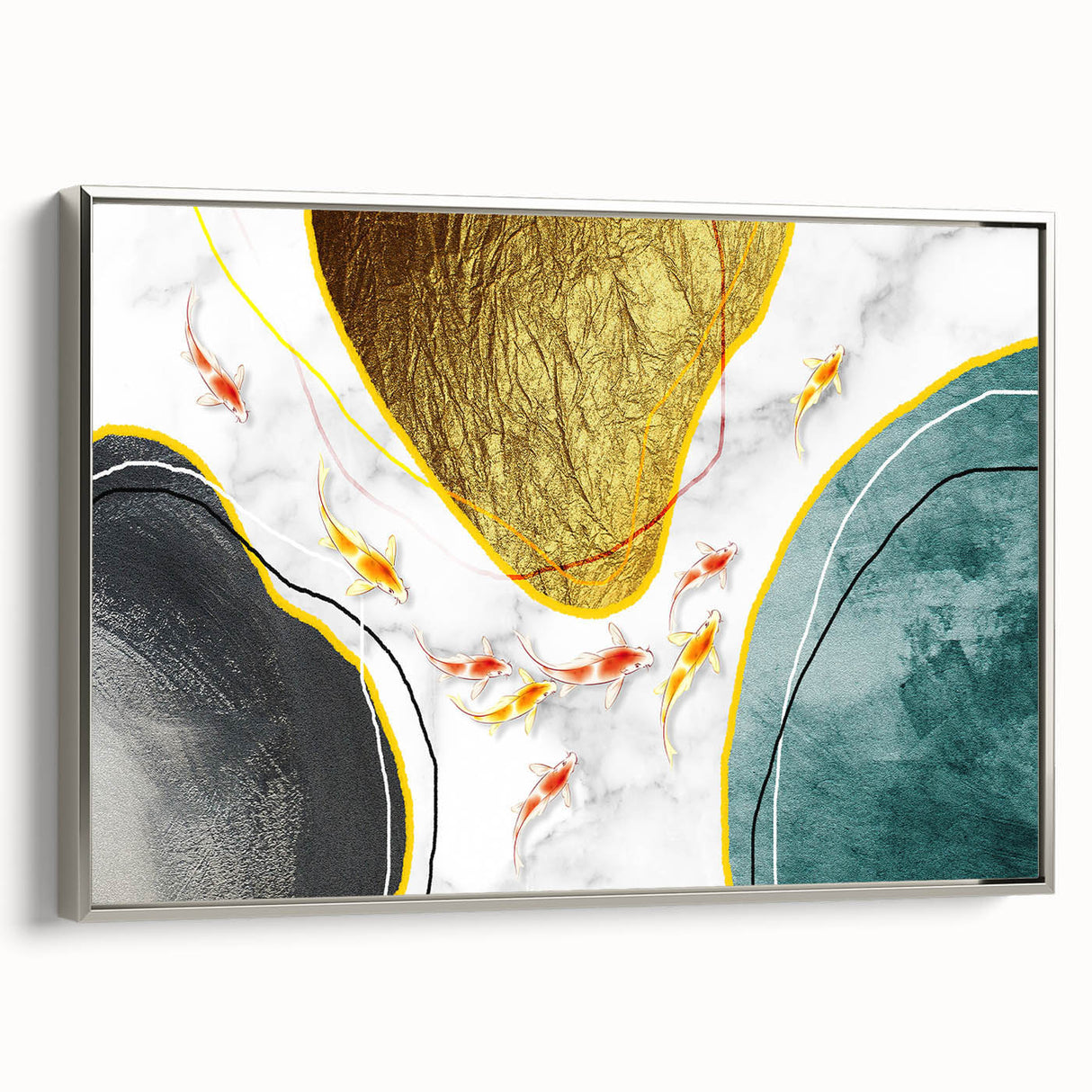 Framed canvas wall art featuring an abstract design with strokes and lines in silver tones, ideal for modern home decor, showcasing a sleek side view.