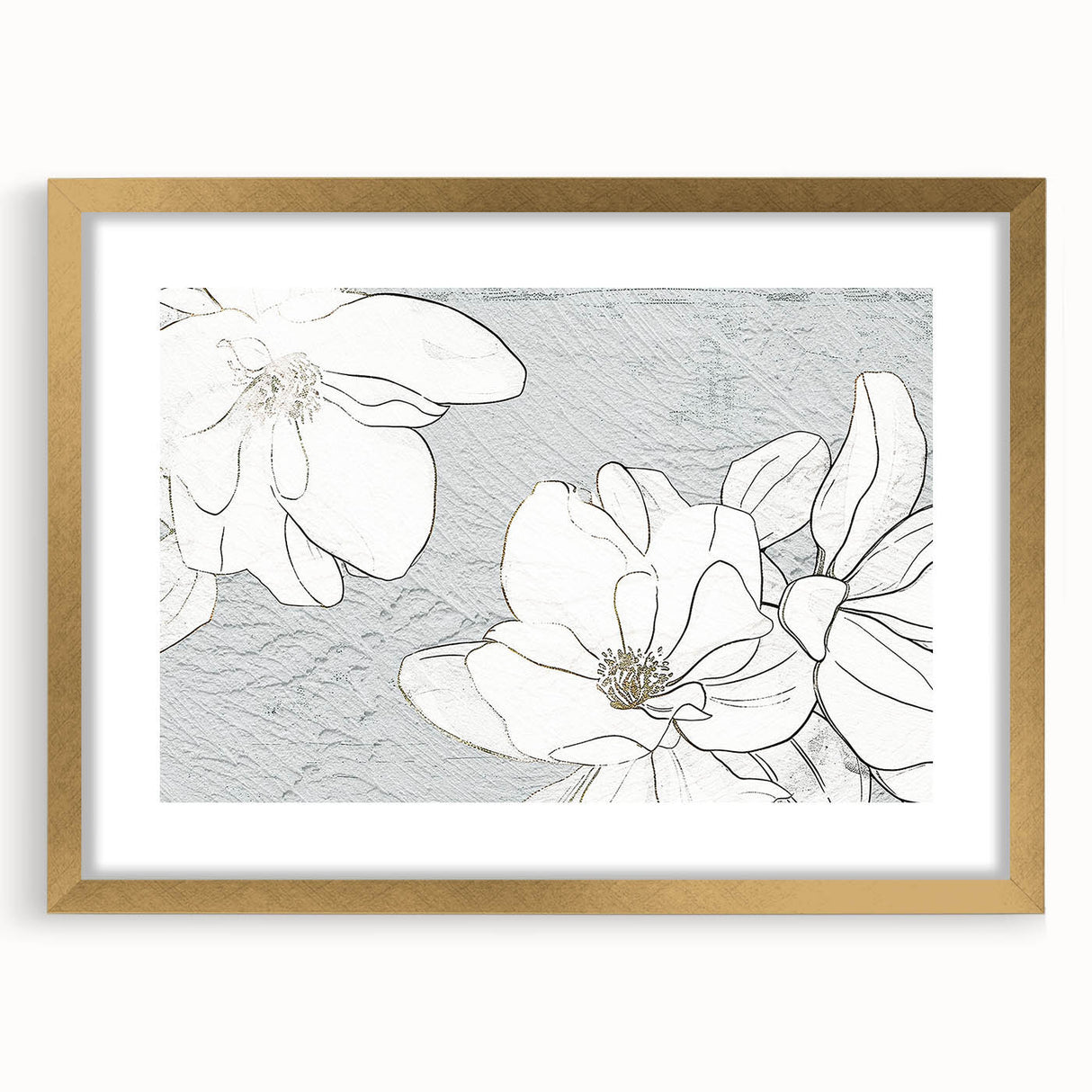 Abstract wall art featuring dynamic strokes and lines in various shades of blue and gold, framed with a stylish mat, showcasing a modern aesthetic for contemporary decor.