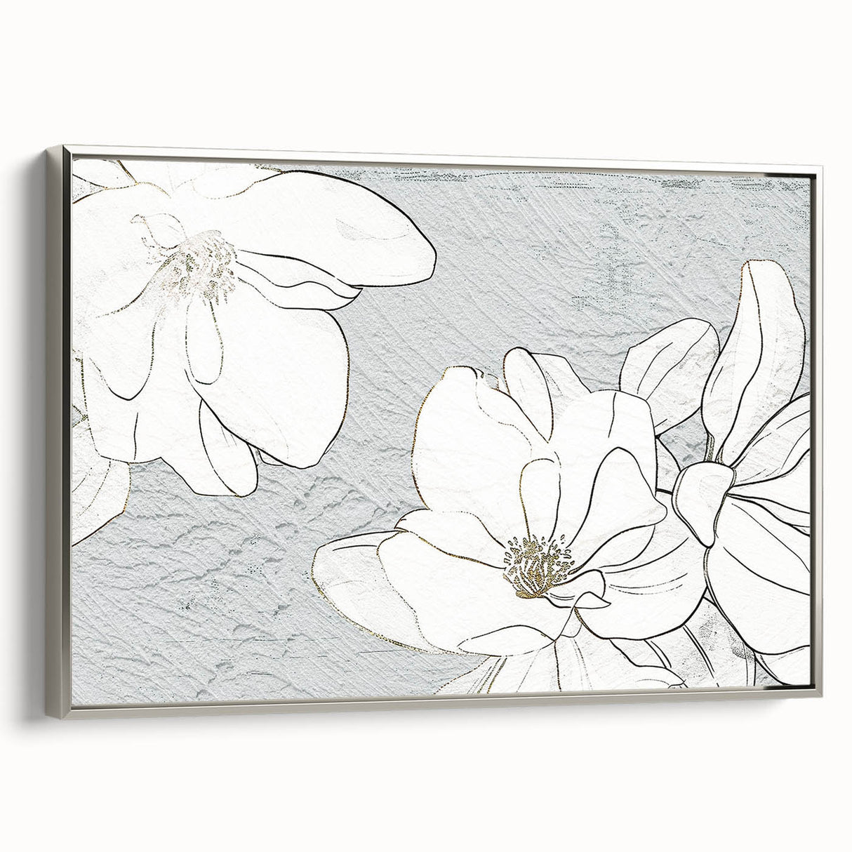 Framed canvas wall art showcasing an abstract design of strokes and lines in silver tones, perfect for modern home decor. Side view highlights the elegant frame.