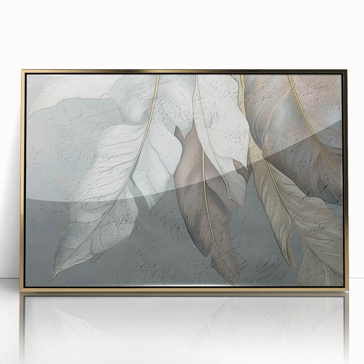 Framed wall art showcasing an abstract design with gold strokes and lines on a white background, perfect for modern home decor and stylish interiors.