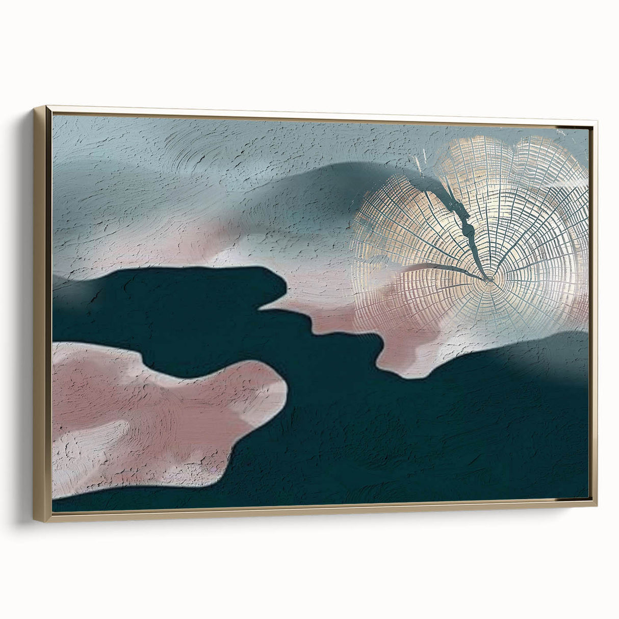 Framed wall art featuring an abstract design of gold strokes and lines, elegantly displayed in a side view, perfect for modern home decor.