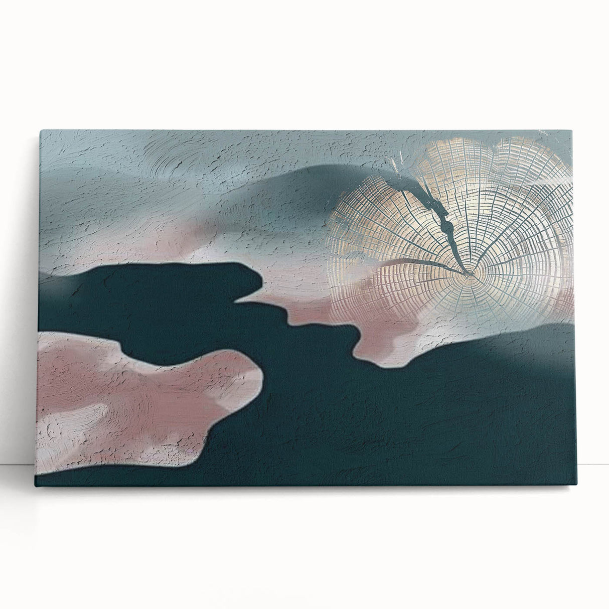 Abstract wall art featuring vibrant strokes and lines in shades of blue, orange, and gold on a stretched canvas, leaning against a neutral background. This modern design adds a contemporary flair to any interior space.