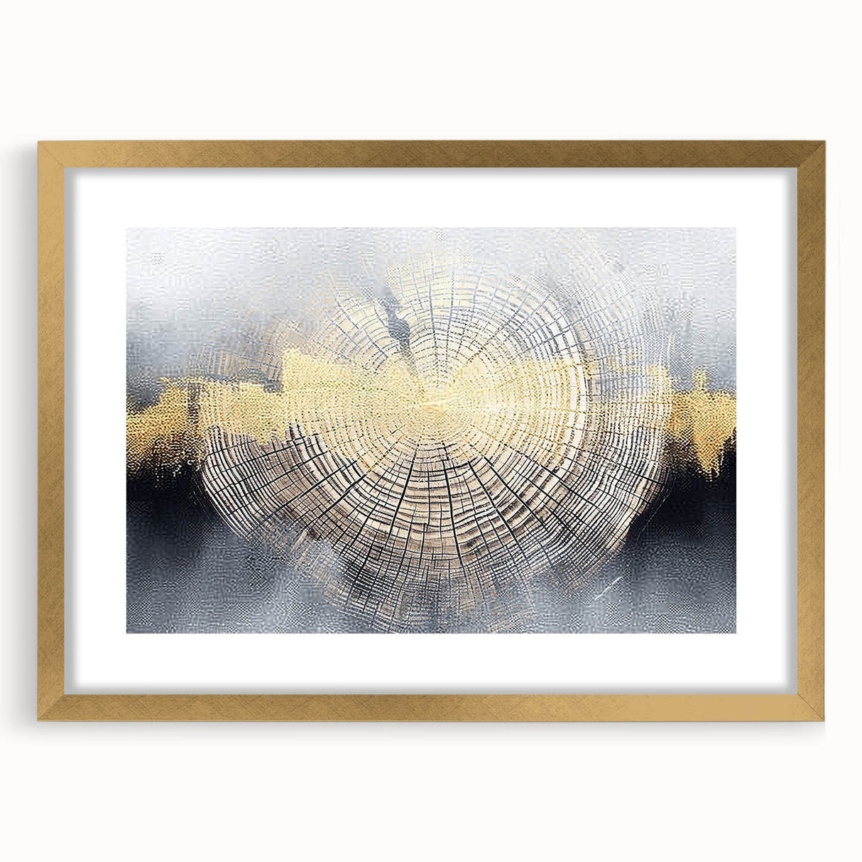 Abstract wall art featuring a collection of vibrant strokes and lines in gold and neutral tones, elegantly framed with a mat, ideal for modern home decor.