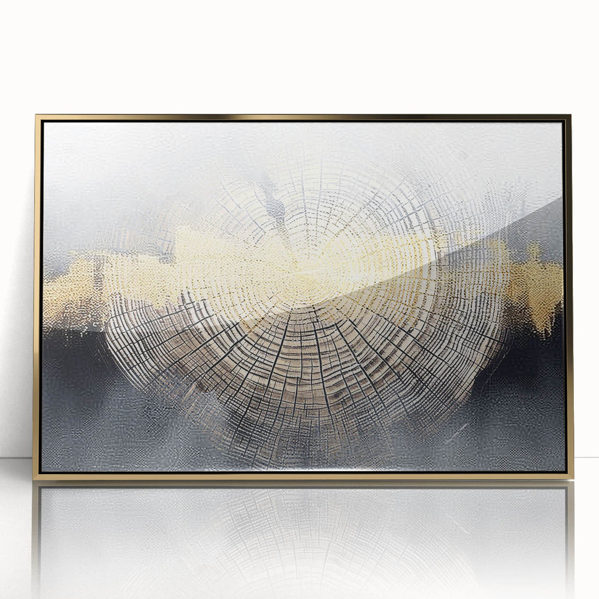 Abstract wall art featuring bold strokes and lines in shades of gold and black, elegantly framed with a sleek acrylic front, perfect for modern decor.