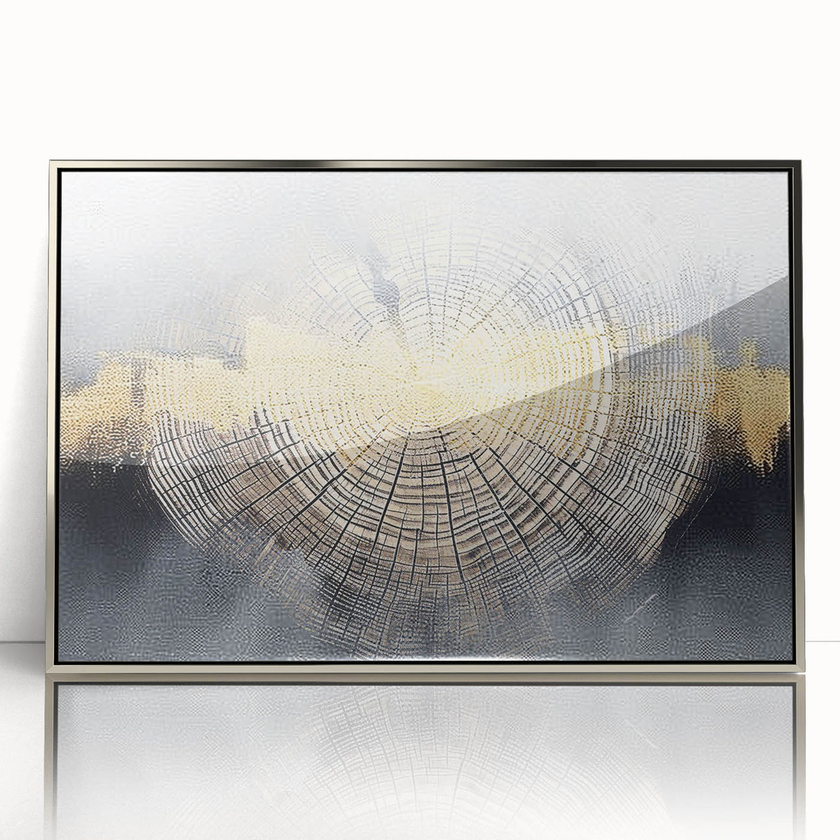 Framed acrylic wall art featuring an abstract design of strokes and lines in silver tones, perfect for modern decor. Ideal for enhancing living spaces.