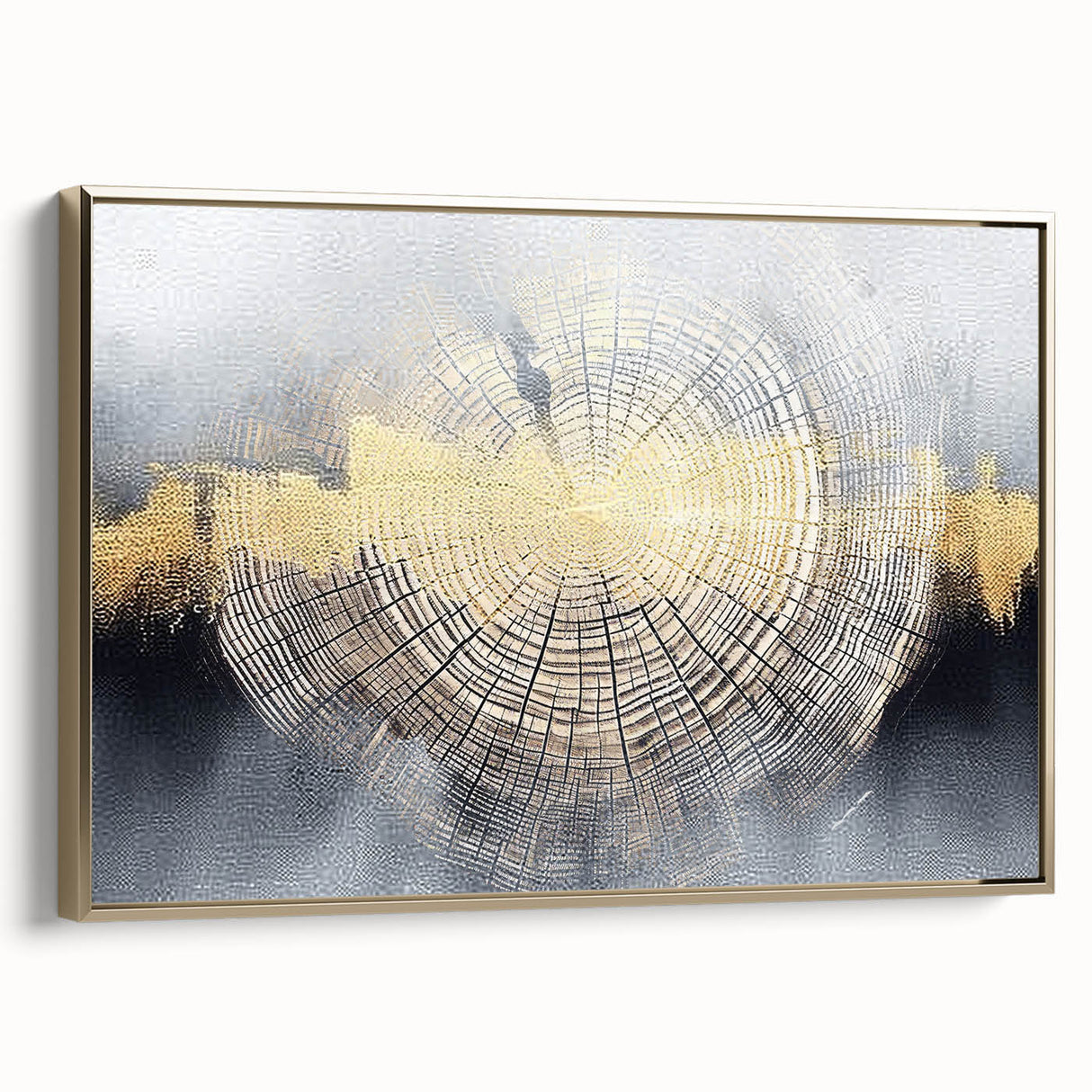 Framed canvas wall art featuring an abstract design of gold strokes and lines, showcasing a modern aesthetic ideal for contemporary decor, viewed from the side.