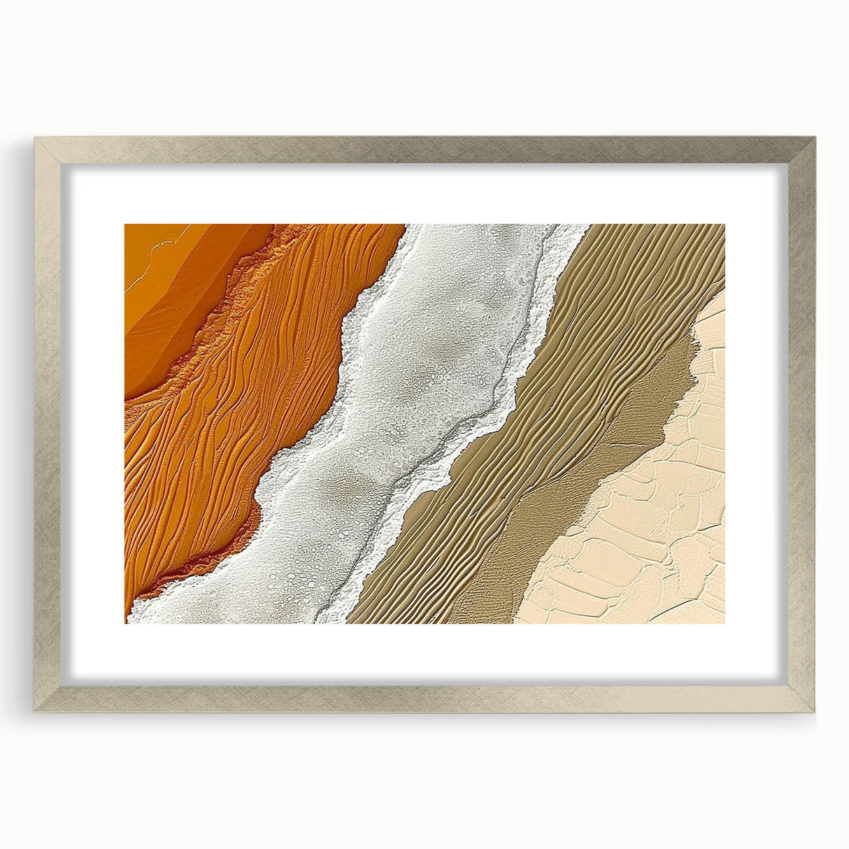 Abstract wall art featuring dynamic strokes and lines in a silver frame with a mat, showcasing a modern design that enhances contemporary decor. Perfect for adding a touch of elegance to any space.