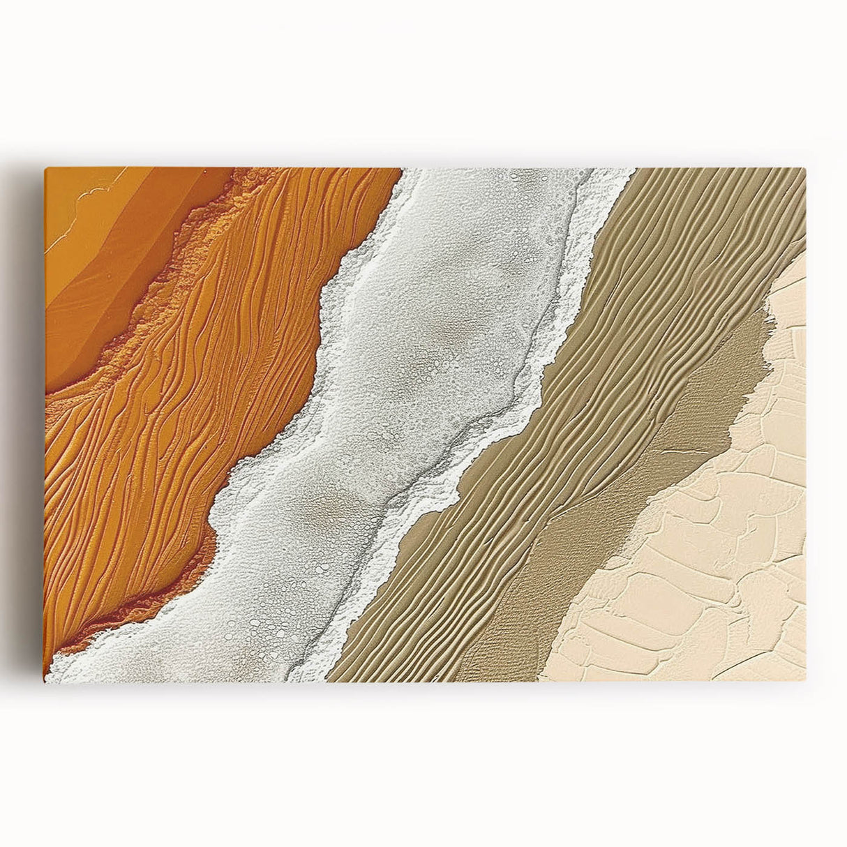 Abstract wall art featuring vibrant strokes and lines in shades of blue, orange, and yellow, displayed on a stretched canvas for modern decor. Ideal for enhancing contemporary living spaces.