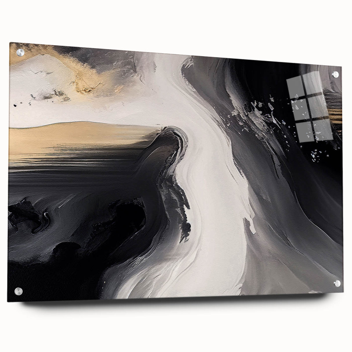 Abstract wall art featuring vibrant strokes and lines in various colors, displayed in a sleek acrylic frame with pins. Perfect for modern home decor.