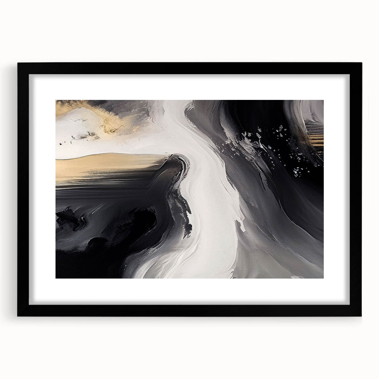 Abstract wall art featuring strokes and lines in a modern design, framed with a black mat, showcasing a stylish and contemporary aesthetic for home decor.