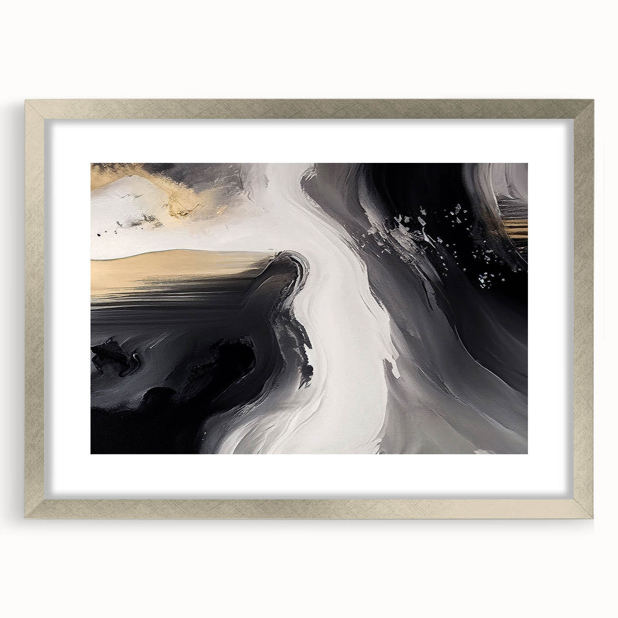 Abstract wall art featuring dynamic strokes and lines in a modern design, framed with a silver mat, showcasing a contemporary aesthetic ideal for home decor.