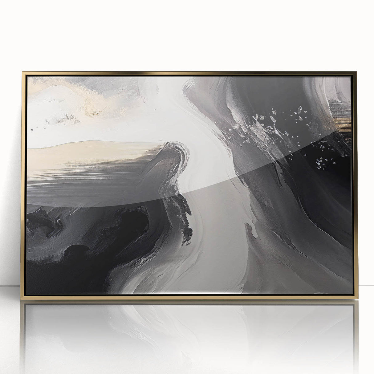 Framed wall art featuring abstract strokes and lines design in gold and black, ideal for modern home decor, adding elegance and sophistication to any room.