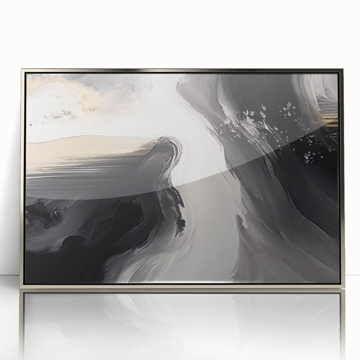 Framed wall art featuring an abstract design of strokes and lines in silver and gray tones, perfect for modern decor, showcasing a sleek, contemporary aesthetic.