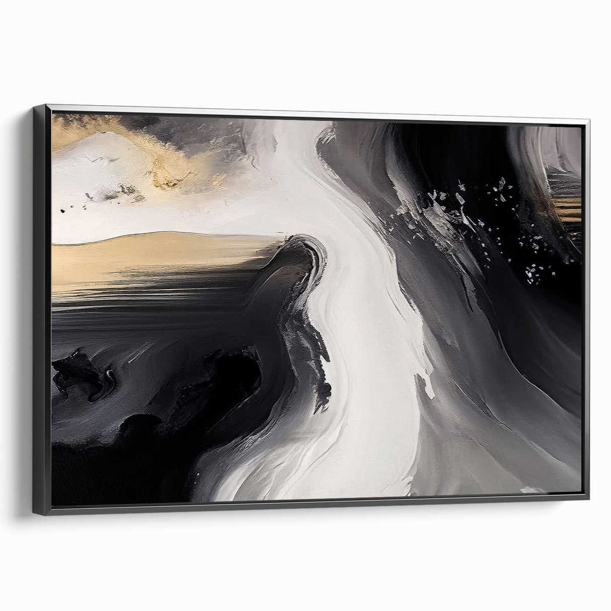 Framed canvas wall art showcasing an abstract design with bold strokes and lines in black and white, ideal for modern home décor, viewed from the side.