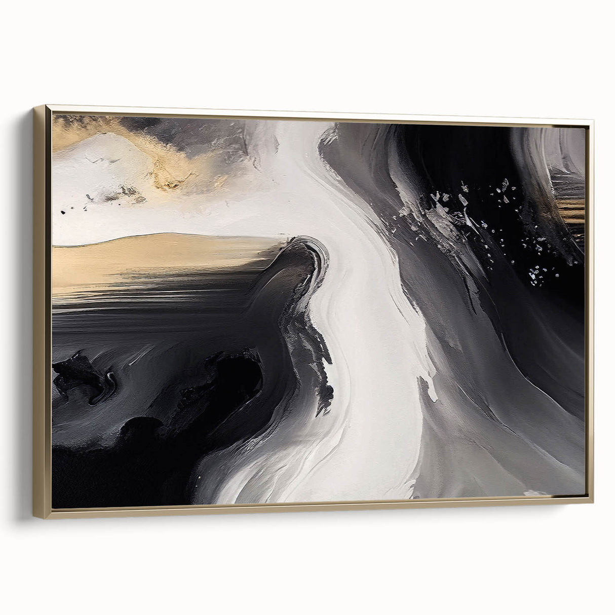 Framed canvas wall art featuring an abstract design with gold strokes and lines, showcasing elegant modern decor ideal for contemporary interiors. The piece adds a touch of sophistication and warmth to any room setting.