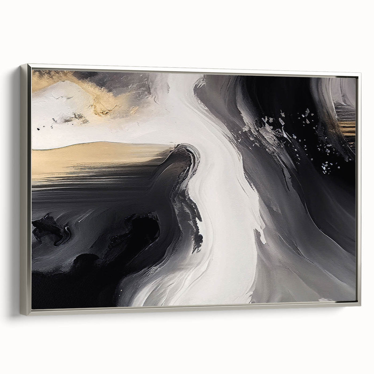 Framed abstract wall art featuring colorful strokes and lines on a textured canvas, presented in a sleek silver frame, ideal for modern home decor.
