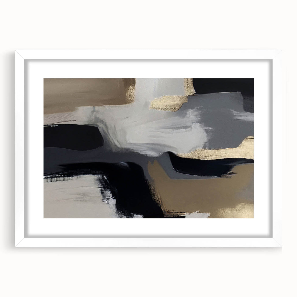 Abstract wall art featuring a modern design of colorful strokes and lines in a white frame with a mat, ideal for contemporary home decor and stylish interiors.