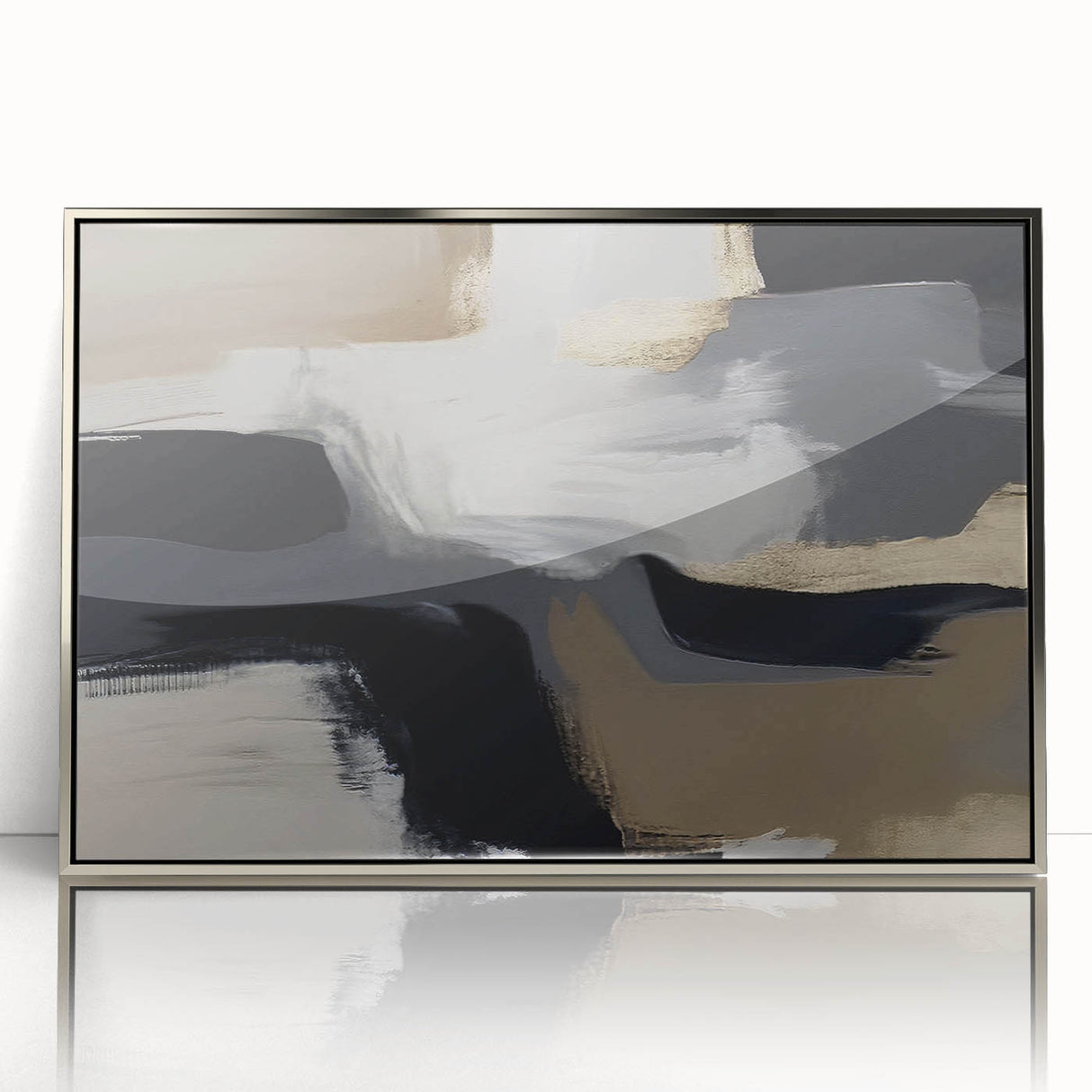 Framed acrylic wall art featuring abstract strokes and lines in silver tones, ideal for modern decor, enhancing elegance in living spaces or offices.