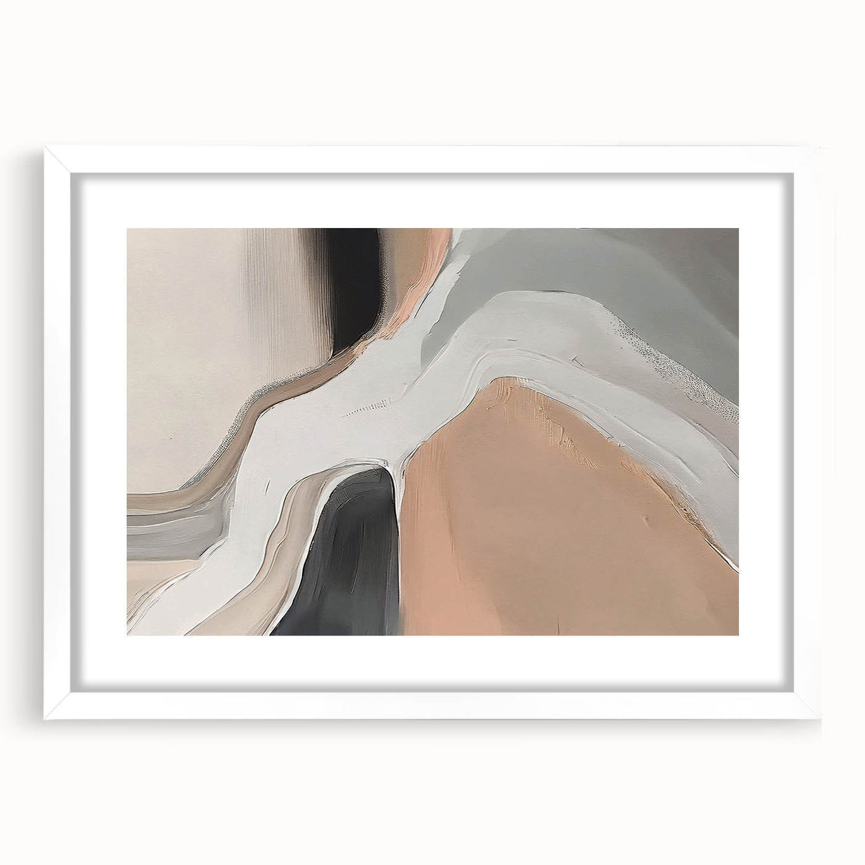 Abstract wall art featuring a modern design of vibrant strokes and lines in various colors, framed with a white mat, ideal for contemporary decor.