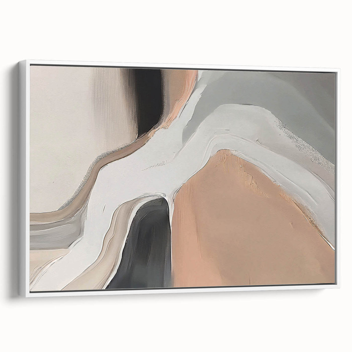 Framed wall art featuring an abstract strokes and lines design in muted tones, showcasing a stylish white frame and a side view perspective, perfect for modern decor.