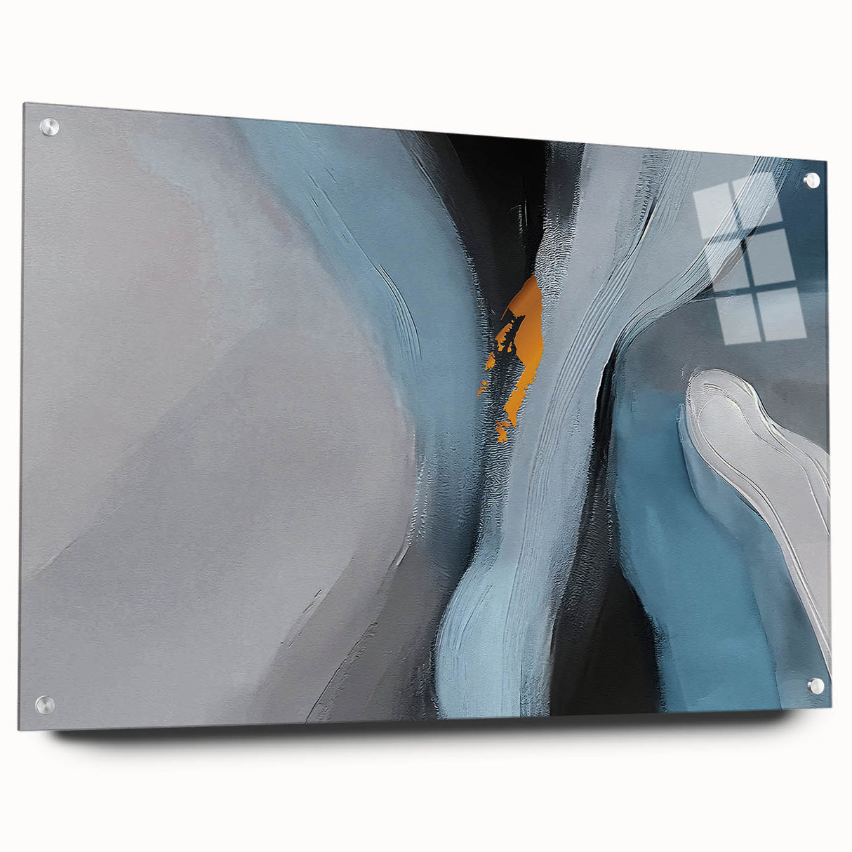 Abstract wall art design featuring colorful strokes and lines, displayed in a sleek acrylic glass frame, showcasing vibrant hues and modern aesthetic for contemporary decor.