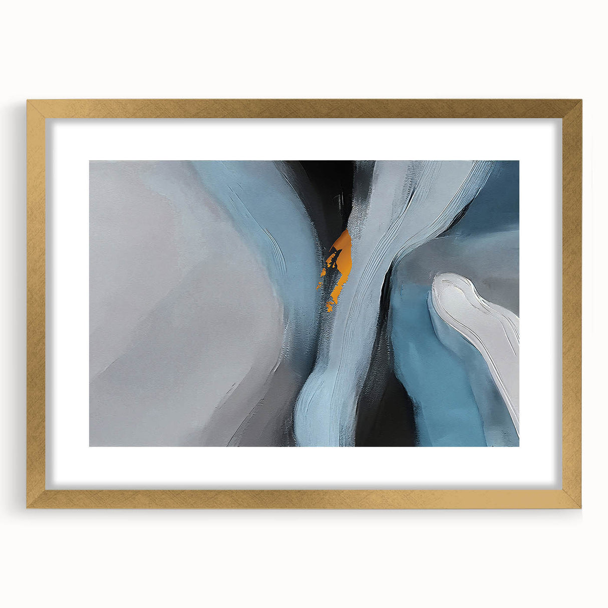 Abstract wall art featuring elegant strokes and lines in a gold frame, showcasing a contemporary design ideal for modern home decor, with a clear mat enhancing its sophistication.