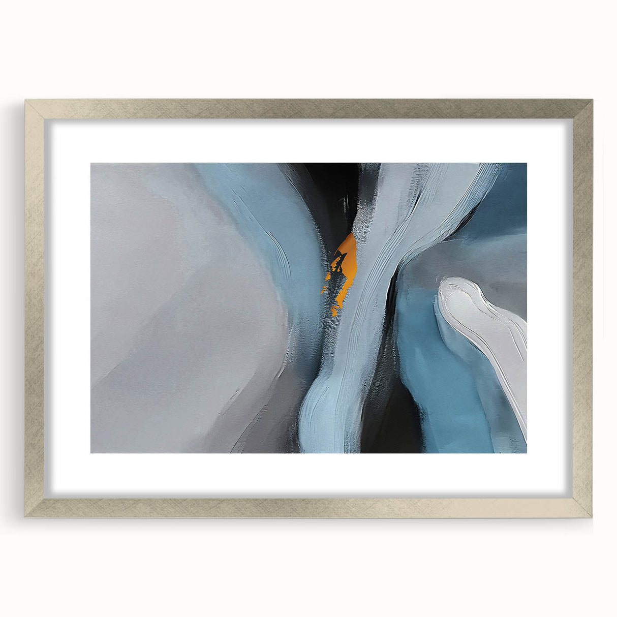 Abstract wall art featuring dynamic strokes and lines in a modern design, framed with a silver mat, ideal for contemporary home decor. Perfect for adding a stylish touch to living spaces.