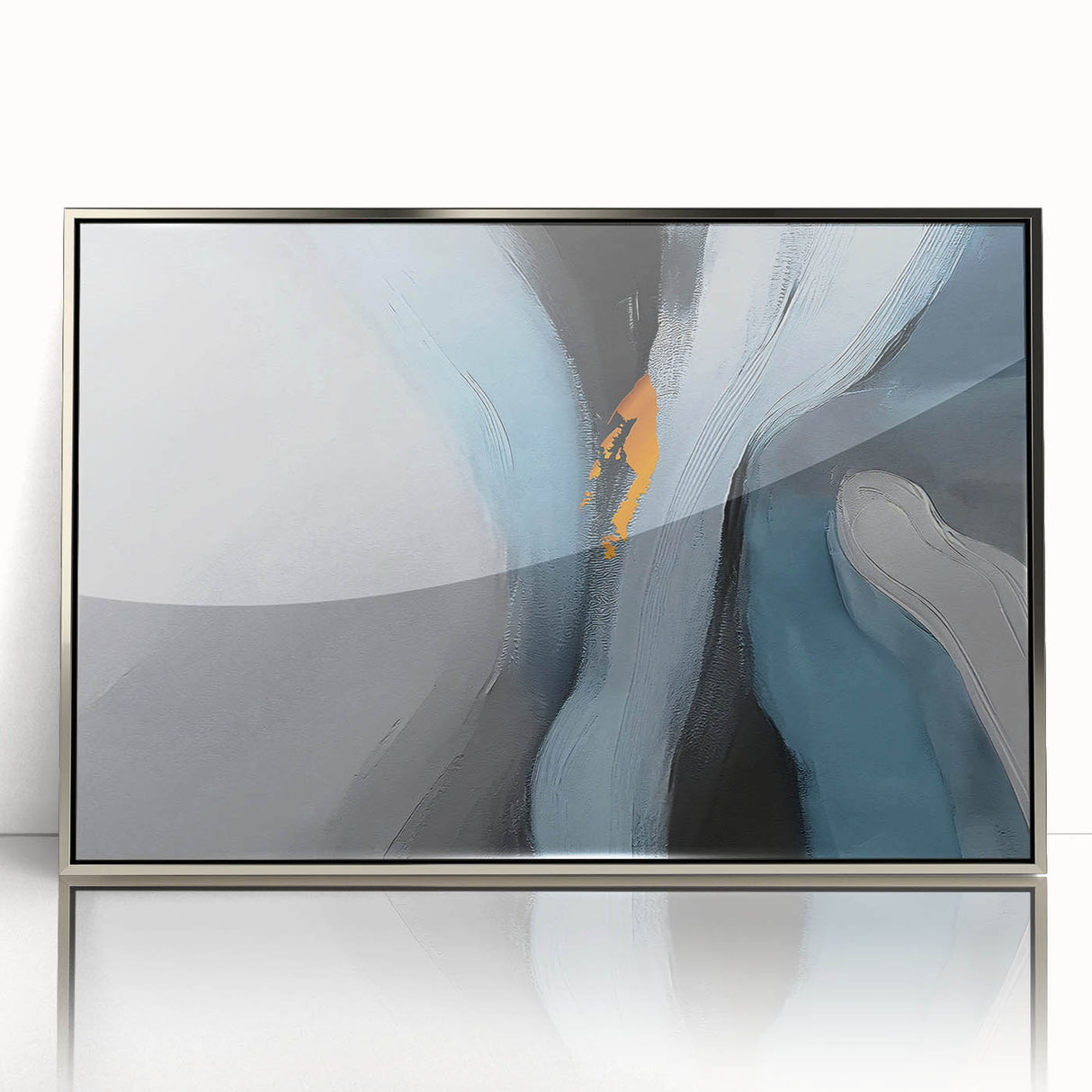 Framed wall art featuring an abstract design of colorful strokes and lines in silver and white, ideal for modern decor. The piece adds a stylish touch to any living space.