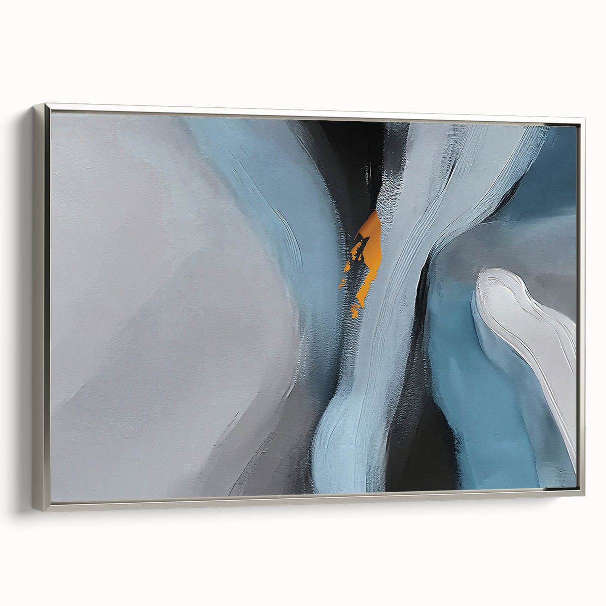 Framed canvas wall art showcasing an abstract design of strokes and lines in shades of silver and gray, perfect for modern home decor. The piece adds a sophisticated touch to any living space or office setting.