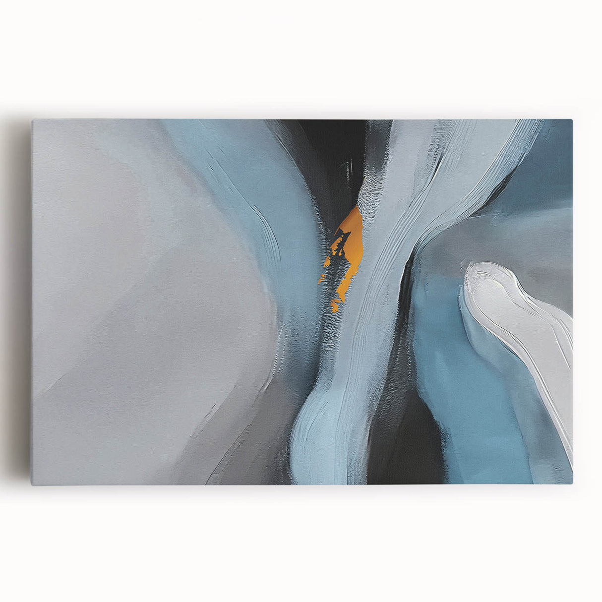 Abstract wall art featuring vibrant strokes and lines in shades of blue, orange, and yellow, displayed on a stretched canvas for modern home decor enhancement.