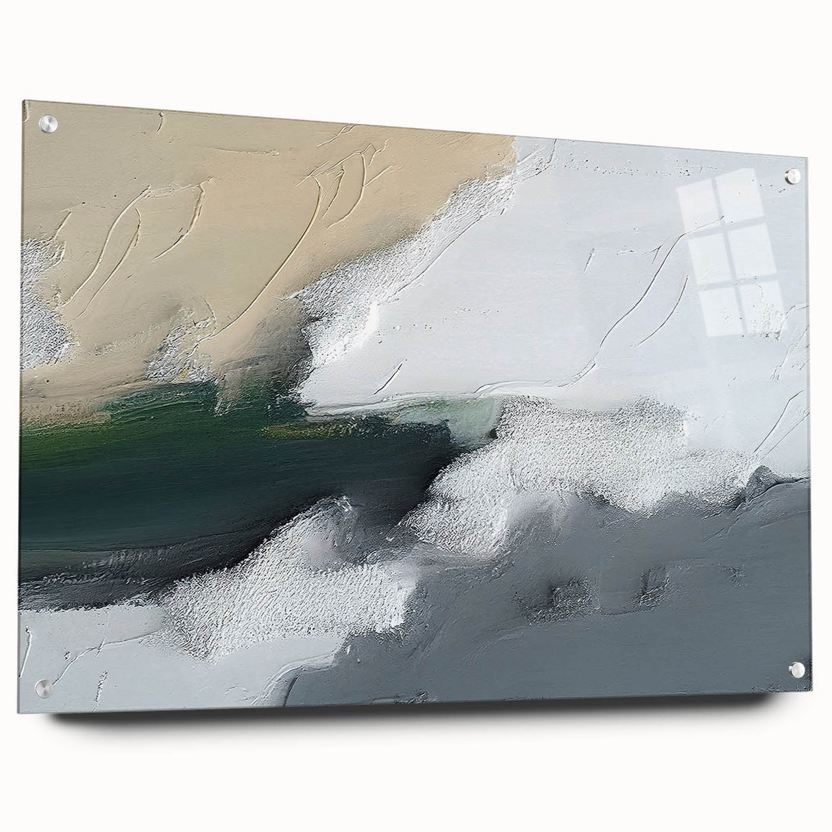 Abstract wall art piece showcasing colorful strokes and lines on acrylic glass, displayed in a stylish side view with visible mounting pins, ideal for modern decor.
