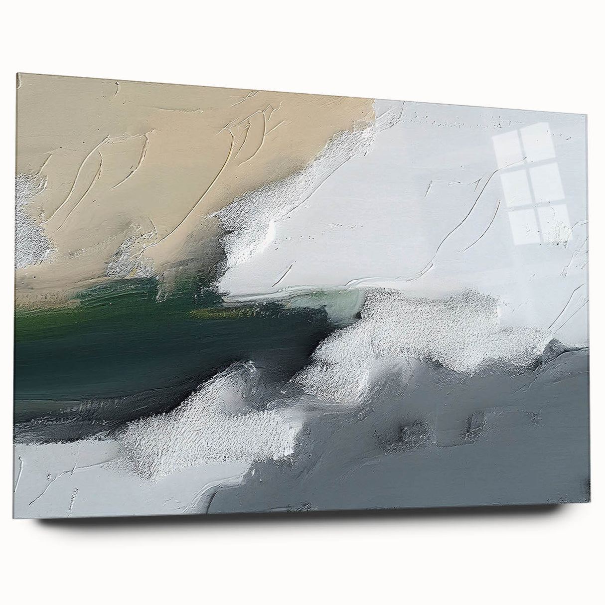 Abstract wall art design featuring colorful strokes and lines, displayed in a side view on an acrylic glass frame, showcasing vibrant hues and modern aesthetics. Perfect for contemporary home decor or artistic spaces.