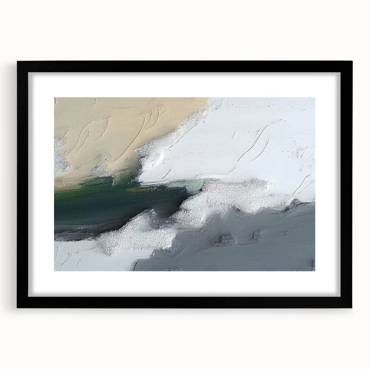 Abstract strokes and lines design wall art in a black frame with matting, showcasing a modern aesthetic suitable for contemporary decor. Ideal for living rooms or offices.