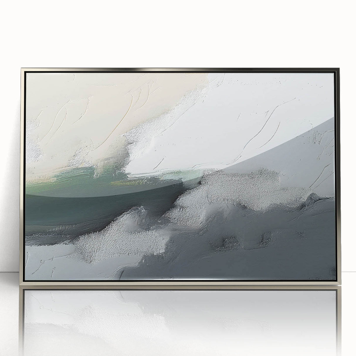 Framed wall art featuring an abstract design with strokes and lines in shades of silver and white, perfect for modern home decor. This acrylic piece adds elegance and sophistication to any interior space.