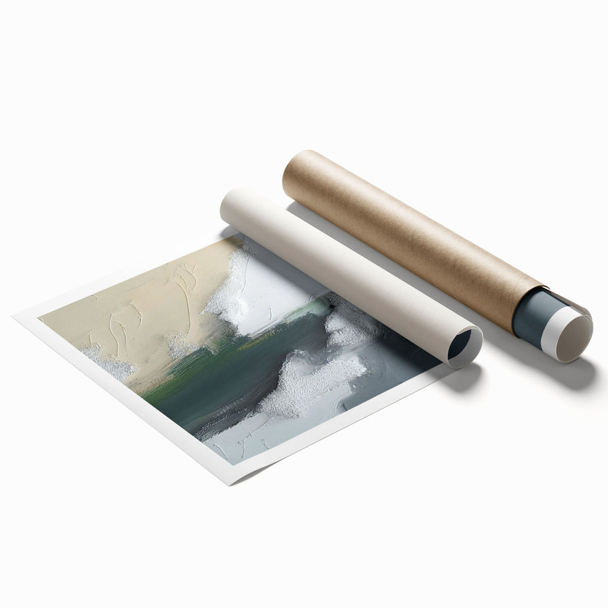 Abstract wall art print showcasing vibrant strokes and lines in a mix of blues, greens, and golds, perfect for modern home decor or office settings.