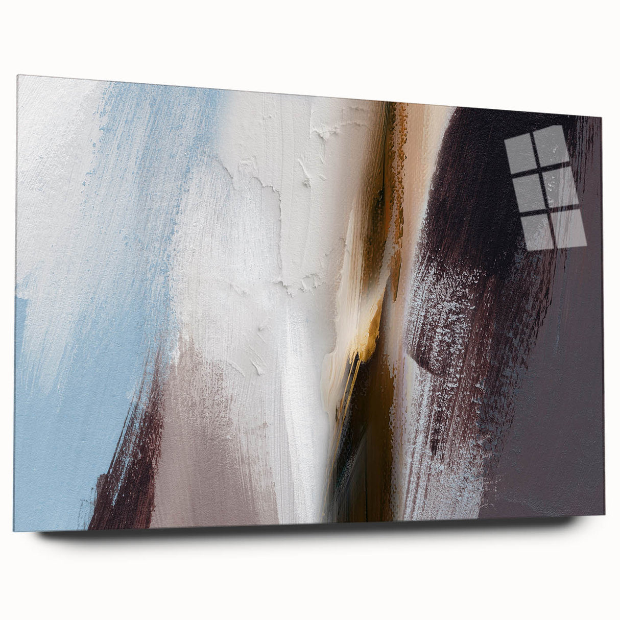 Abstract wall art featuring vibrant strokes and lines in a modern design, displayed in a side view showcasing its sleek acrylic glass frame, perfect for contemporary decor.