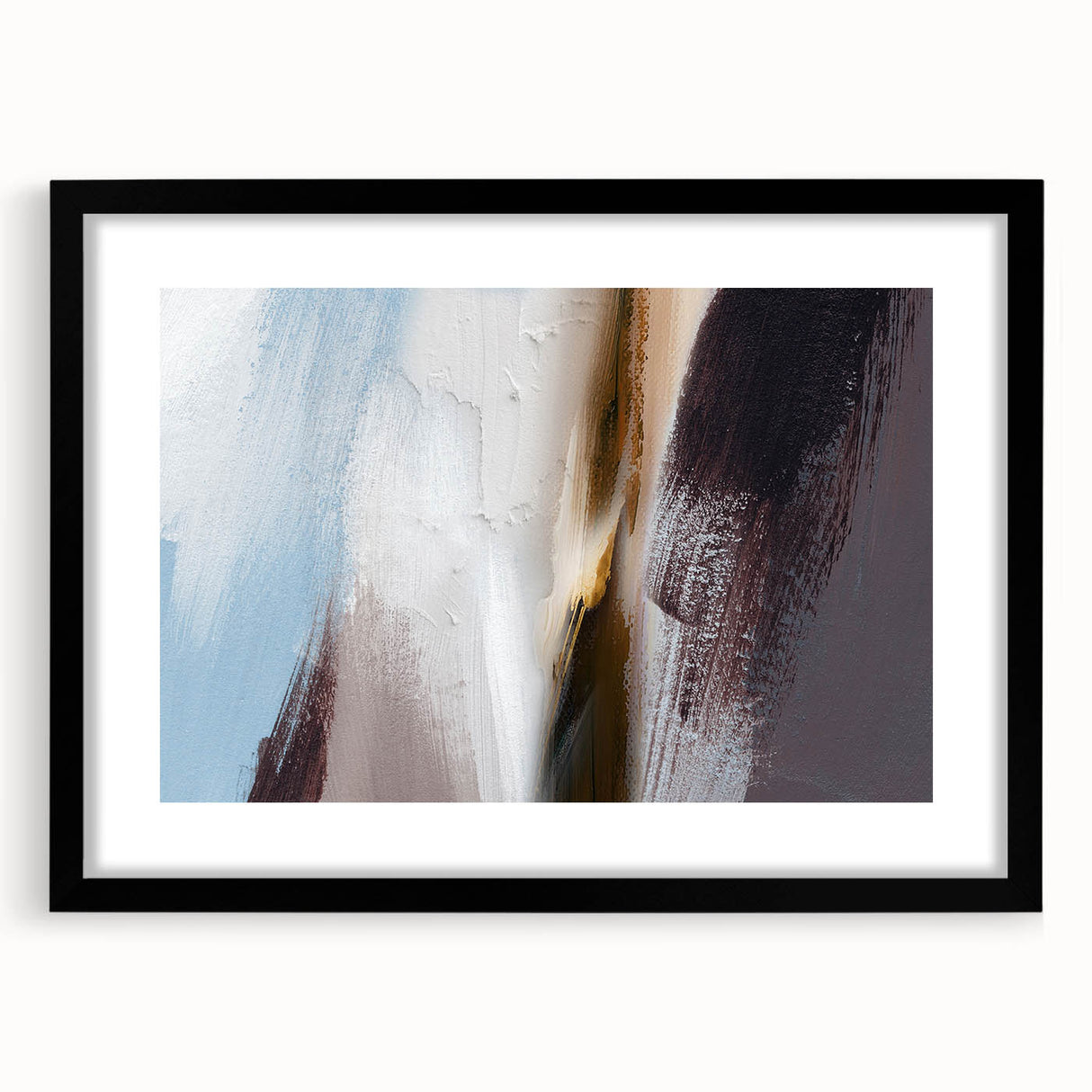Abstract wall art featuring vibrant strokes and lines in bold colors, framed with a black mat, perfect for modern home decor. Ideal for adding a contemporary touch to any room.