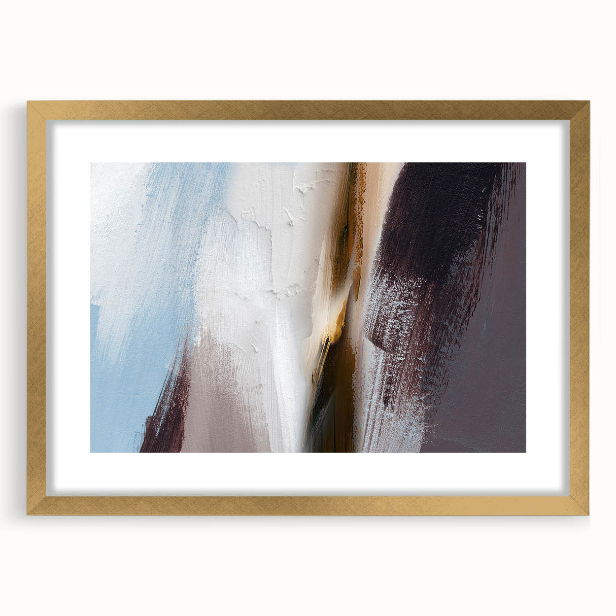 Abstract wall art design featuring bold strokes and lines in a gold frame with a mat, perfect for modern decor. This piece adds elegance to any interior setting.