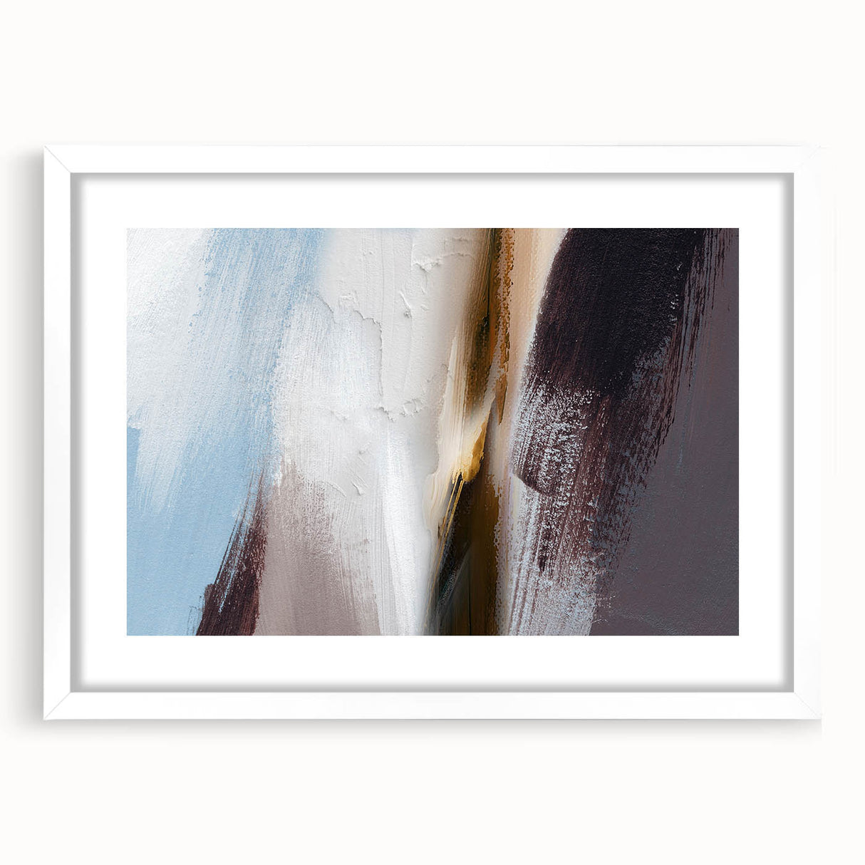 Abstract wall art featuring vibrant strokes and lines in various colors, framed in a sleek white mat, perfect for modern home decor or office spaces. This artistic piece adds a contemporary touch to any room, enhancing the overall aesthetic with its dynamic design and clean presentation.