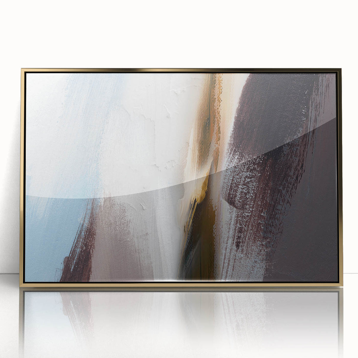 Framed wall art featuring an abstract design of colorful strokes and lines, highlighted with gold accents, perfect for modern home decor. Ideal for enhancing interior aesthetics.