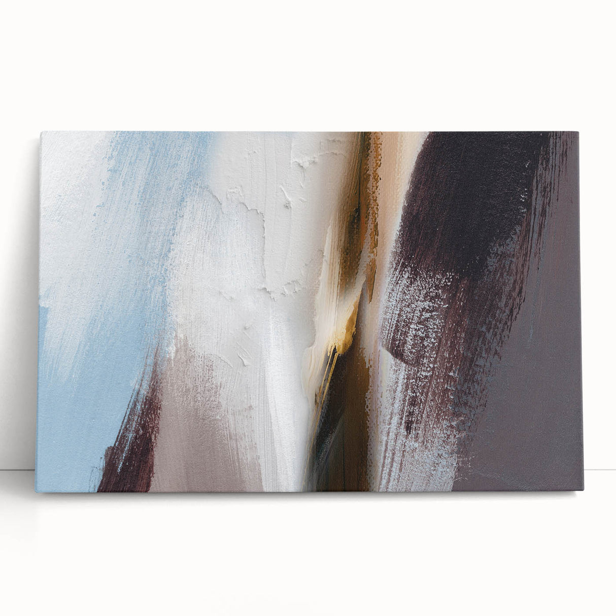 Abstract strokes and lines design on stretched canvas wall art, showcasing vibrant colors and modern artistic flair, perfect for contemporary home decor. This piece leans against a neutral backdrop, adding depth and style to any living space.