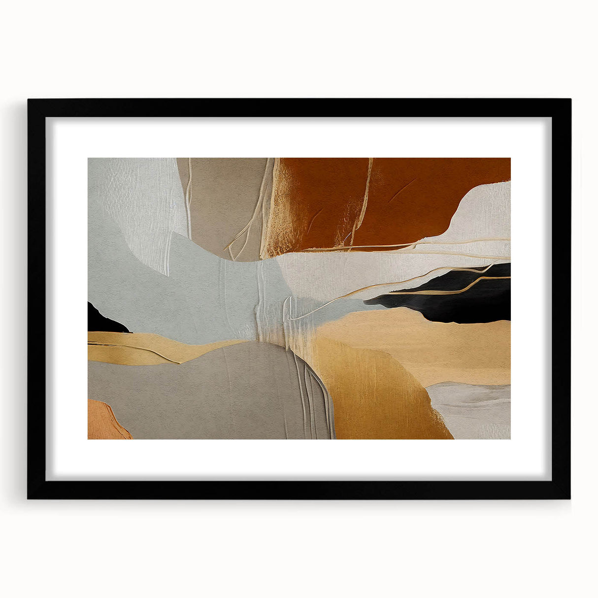 Abstract wall art print showcasing a modern design featuring dynamic strokes and lines in a black frame with a mat, perfect for contemporary decor.