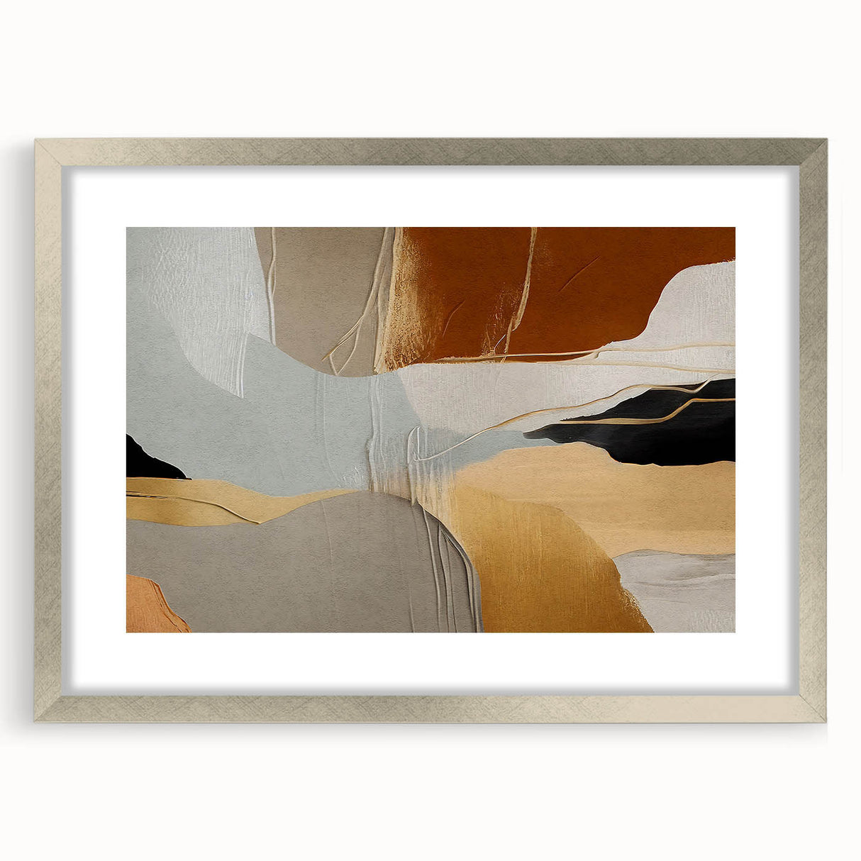 Abstract wall art print showcasing dynamic strokes and lines in a modern design, framed with a silver mat, perfect for contemporary home decor.