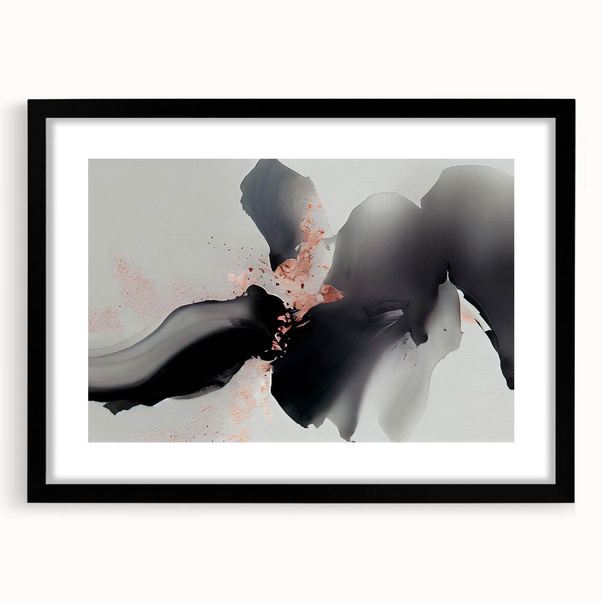 Abstract wall art featuring bold strokes and lines in a stylish black frame, designed to enhance modern interiors with a contemporary aesthetic.