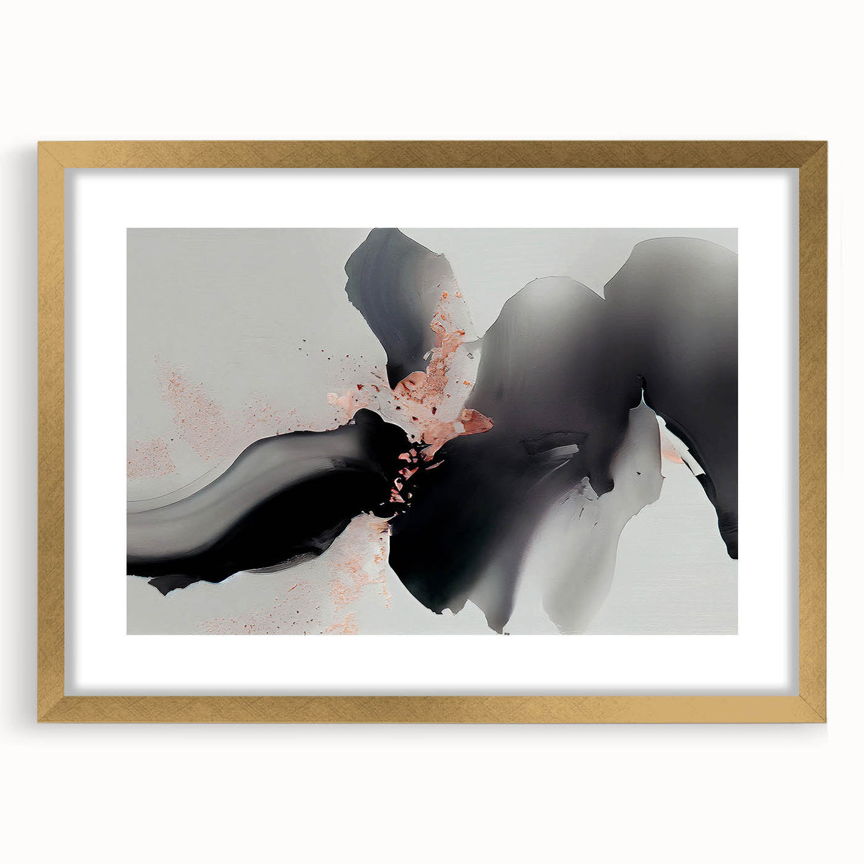 Abstract wall art featuring dynamic strokes and lines in gold and neutral tones, elegantly framed with a mat. Ideal for modern decor and artistic spaces.