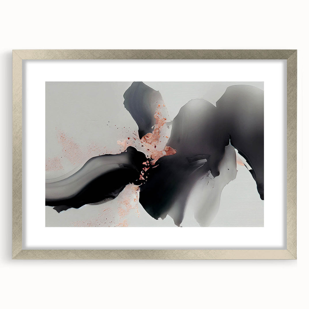 Abstract strokes and lines design wall art in a silver frame with matting, showcasing a modern aesthetic. Perfect for home decor or artistic settings.
