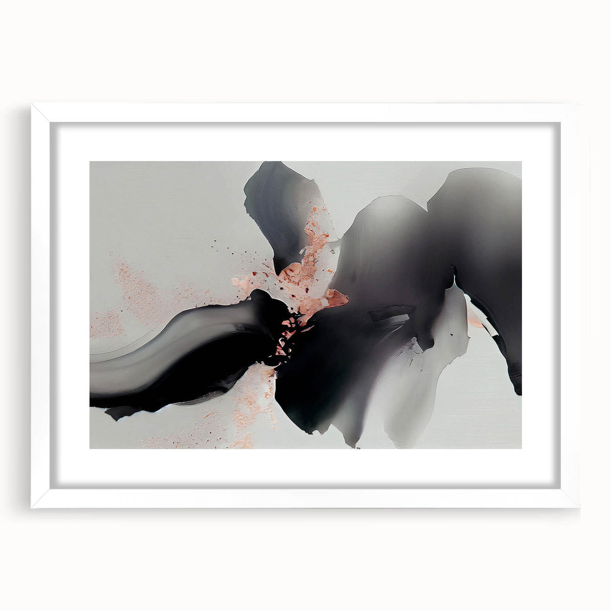 Abstract wall art featuring vibrant strokes and lines in a modern design, framed with a white mat, perfect for enhancing contemporary home decor.